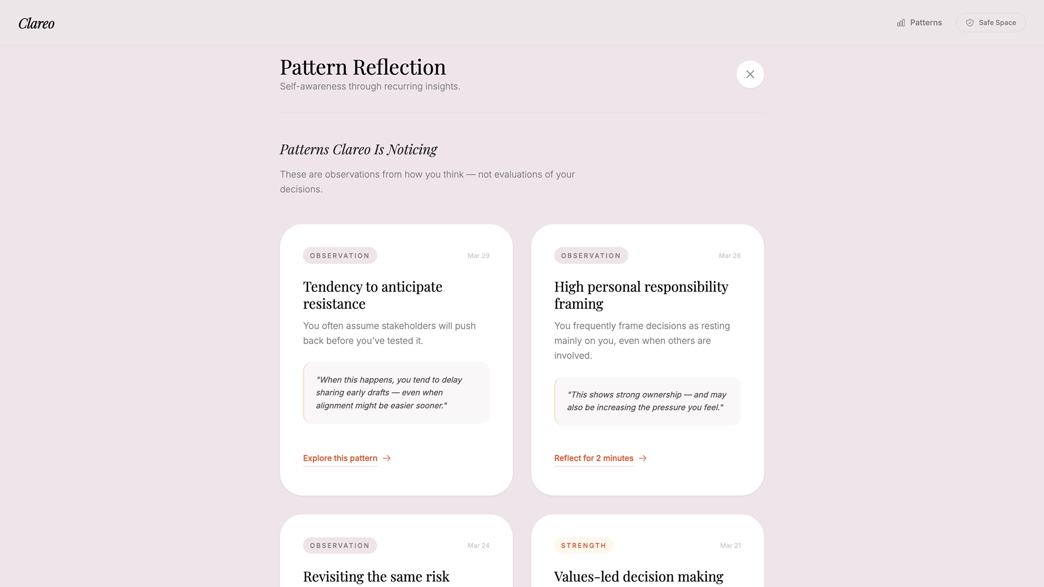 Pattern reflection in Clareo surfacing observations and strengths in the way the user thinks