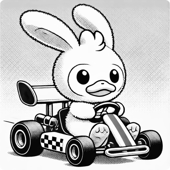 A cartoon duck-rabbit character in a go-kart