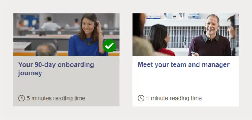 Example task tiles, including 'your 90 day onboarding journey', and 'Meet your team and manager'