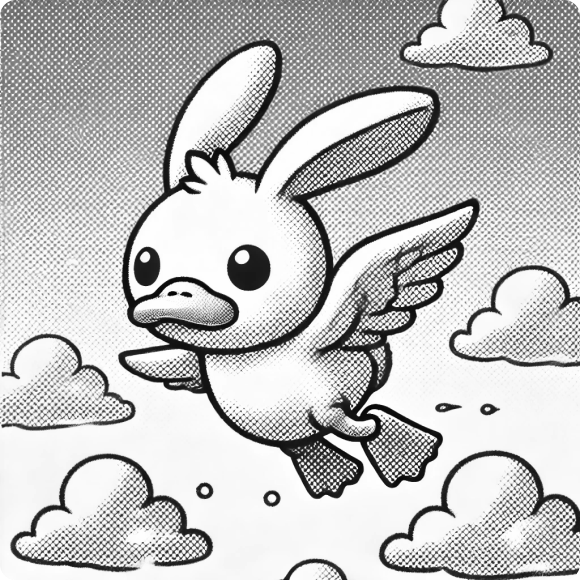 A cartoon duck-rabbit character flying freely through the clouds