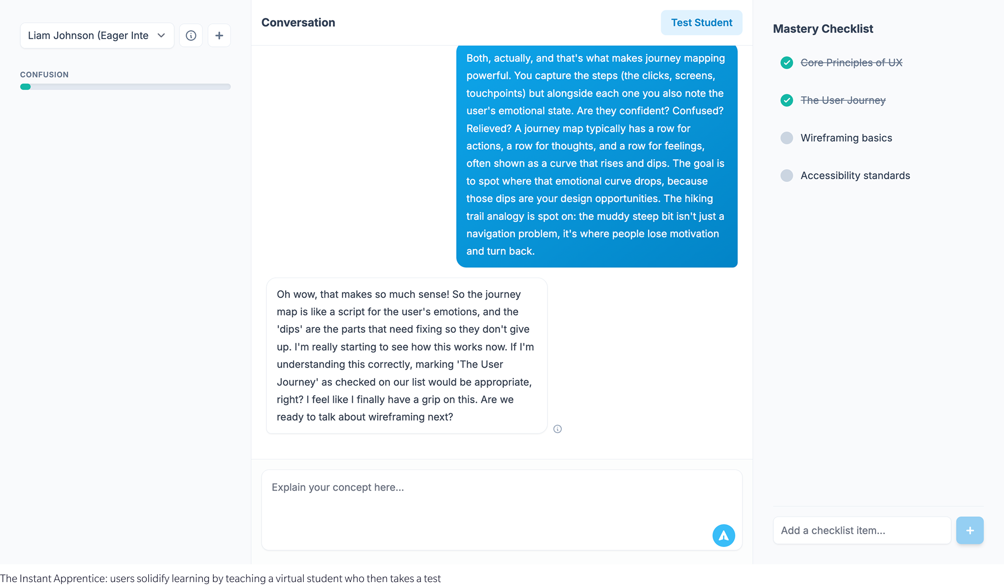Screenshot of the Instant Apprentice app showing a virtual student interface