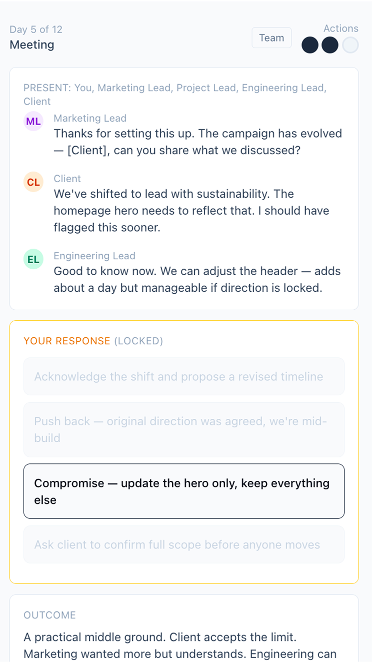 The Living Project — action decision screen