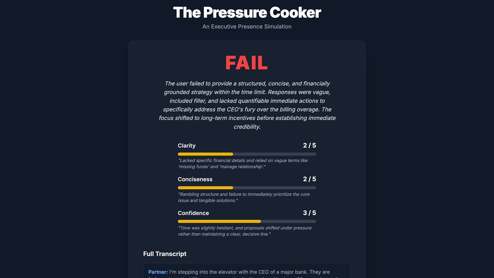 The Pressure Cooker simulation results page, with a failing grade