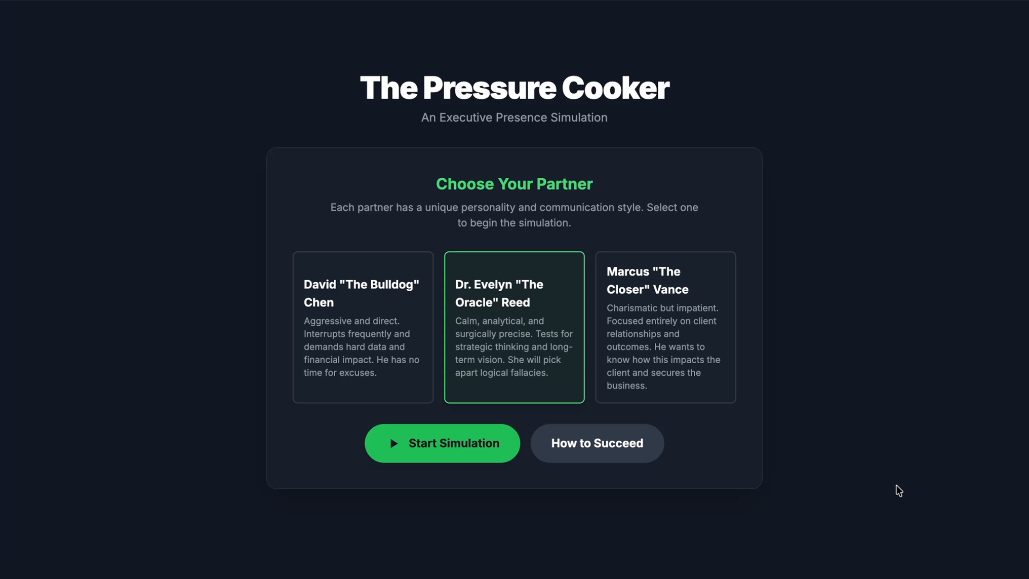 The pressure cooker simulation interface showing the selection of a conversation partner