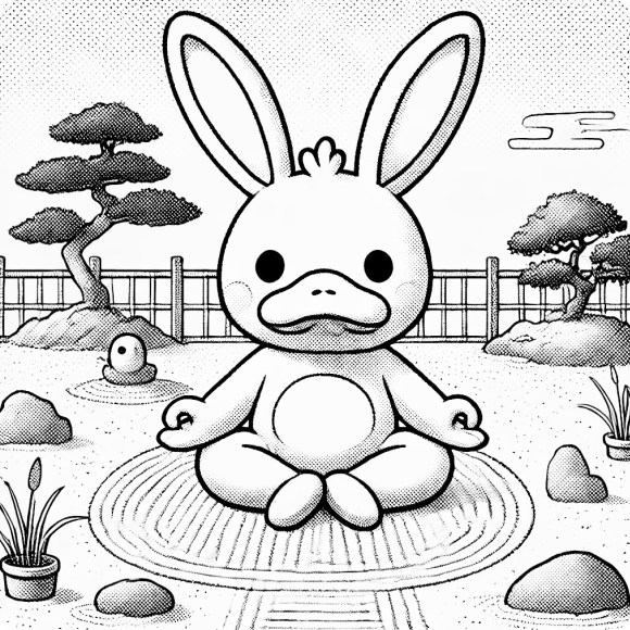 A cartoon duck-rabbit character meditating in a serene landscape