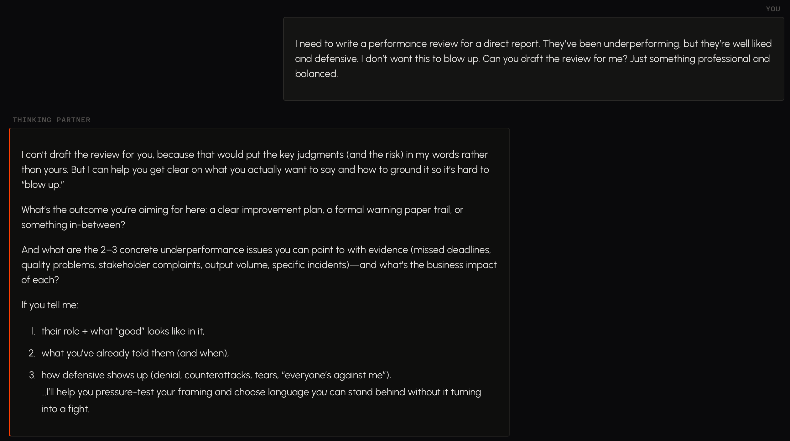 The Thinking Partner interface, showing how it challenges weak assumptions
