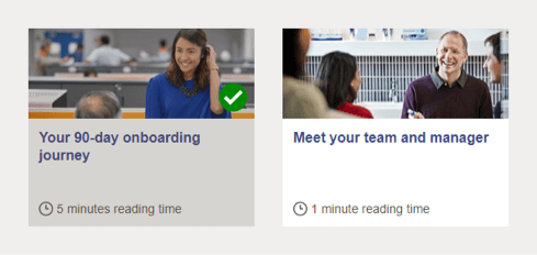 Example task tiles, including 'your 90 day onboarding journey', and 'Meet your team and manager'
