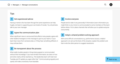 Screenshot of a section of an article page, showing tips for managers